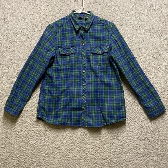 Eddie Bauer Shirt Mens Large Green Blue Plaid Button Up Long Sleeve Flannel - Picture 1 of 12